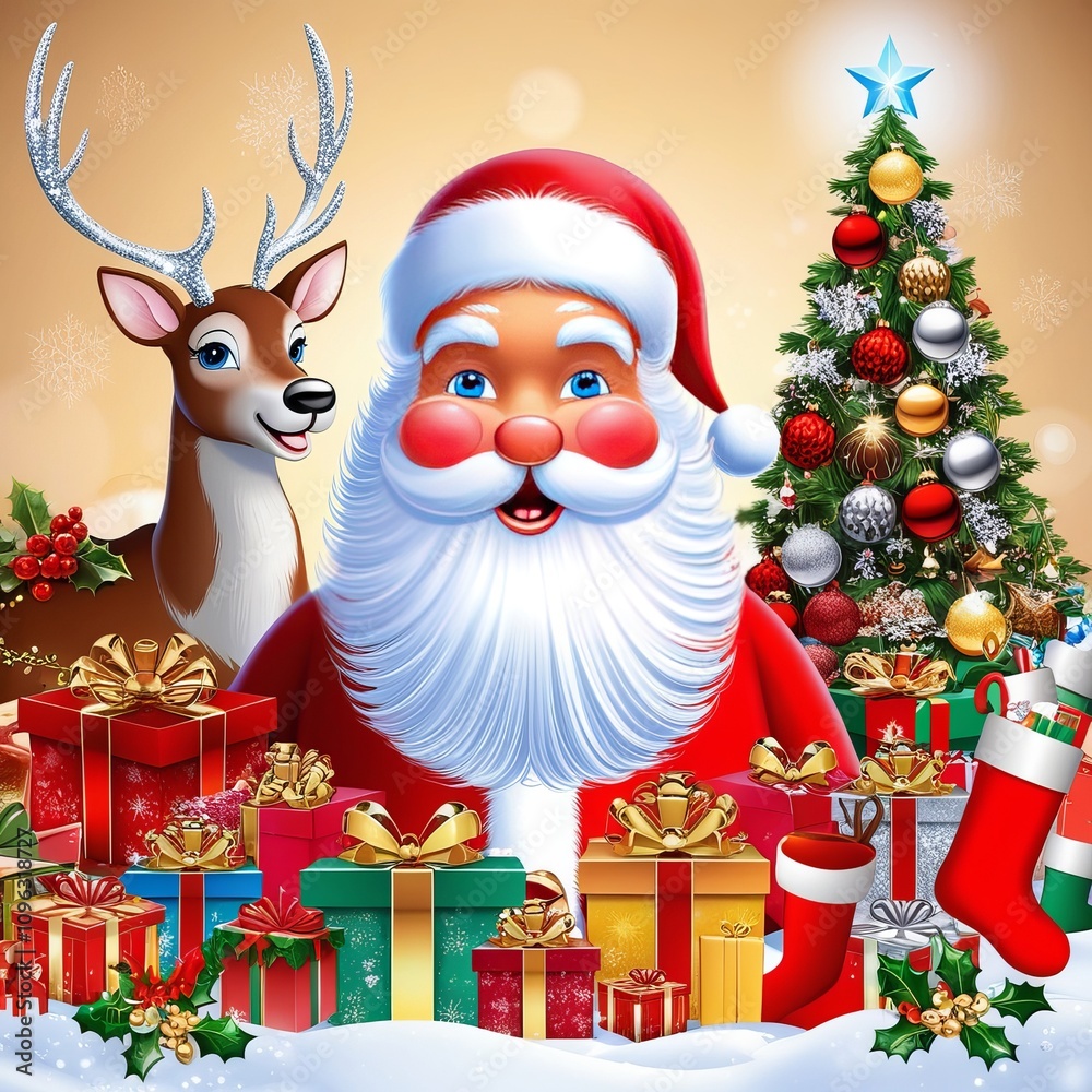 Playful Christmas Greeting with Decorative Elements, balloons, Santa, Tree, Gifts and Ornaments Playful Christmas Greeting with Decorative Elements, balloons, Santa, Tree, Gifts and Ornaments