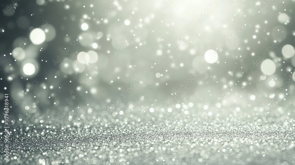 A shimmering silver sparkle backdrop with soft focus, giving the appearance of twinkling lights and glittering particles, all set in a light misty gray tone.