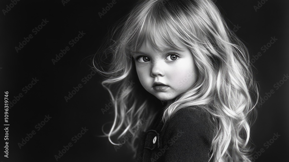 Playful young child with long blonde hair looking back, showcasing expressive eyes and soft, wavy hair against a dark backdrop. Playful young child with long blonde hair looking back, showcasing expressive eyes and soft, wavy hair against a dark backdrop.