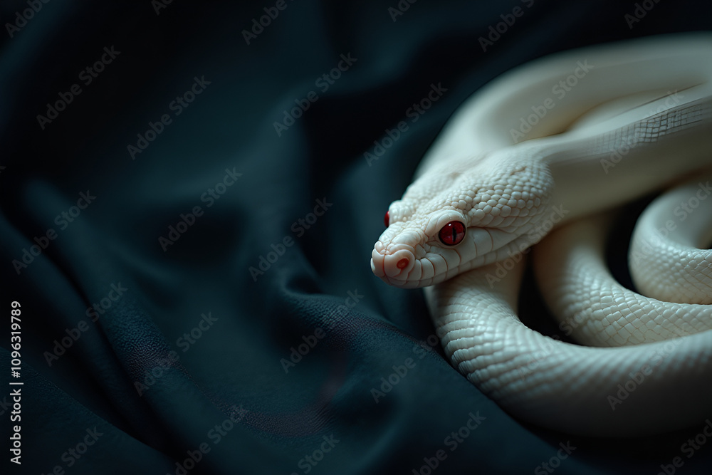 Fototapeta premium Ethereal Albino Snake with Ruby Eyes Posed Elegantly Against Dark Teal Background