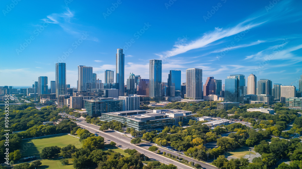 Obraz premium Modern City Skyline with CBD Office Buildings at Sunset - Drone View
