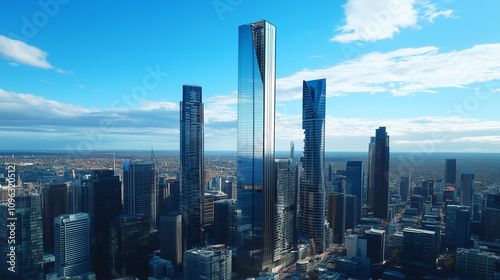 Modern City Skyline with CBD Office Buildings at Sunset - Drone View