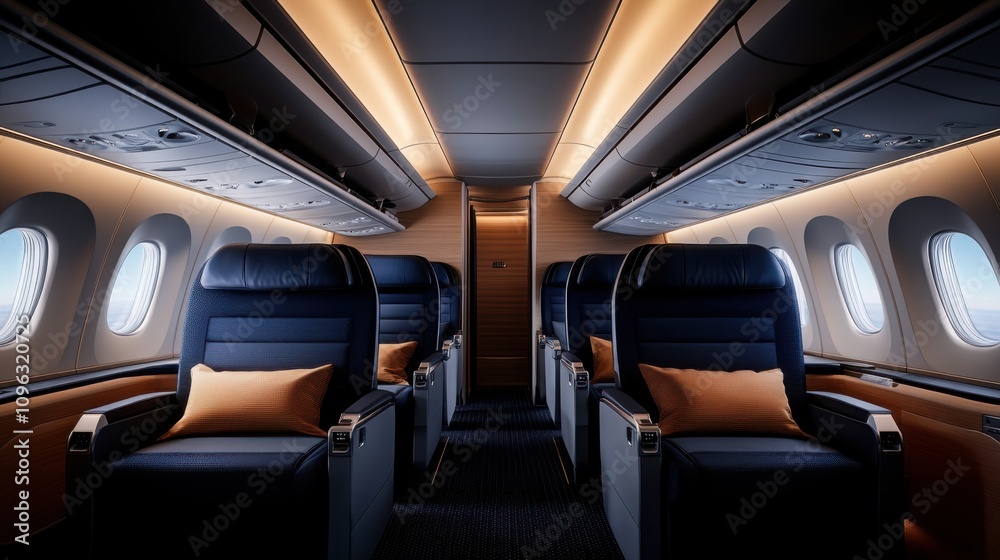 Modern and Luxurious Interior of an Airplane Cabin Featuring Comfortable Seats and Ambient Lighting for an Exceptional Travel Experience Modern and Luxurious Interior of an Airplane Cabin Featuring Comfortable Seats and Ambient Lighting for an Exceptional Travel Experience