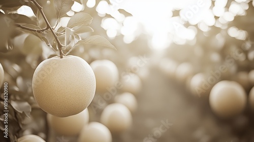 A close-up of ripe oranges hanging from a tree branch in an orchard, with the sun shining through the leaves.
