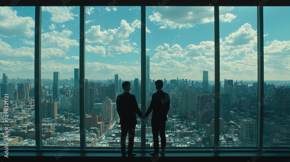 Fototapeta premium Two businessmen stand silhouetted against a panoramic city view, holding hands, gazing out over a cityscape with a blue sky and white clouds.