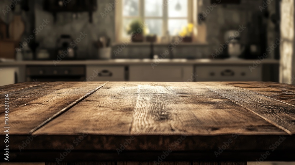 Rustic wooden table prominently displayed with a softly blurred kitchen background, perfect for showcasing products in a charming setting.