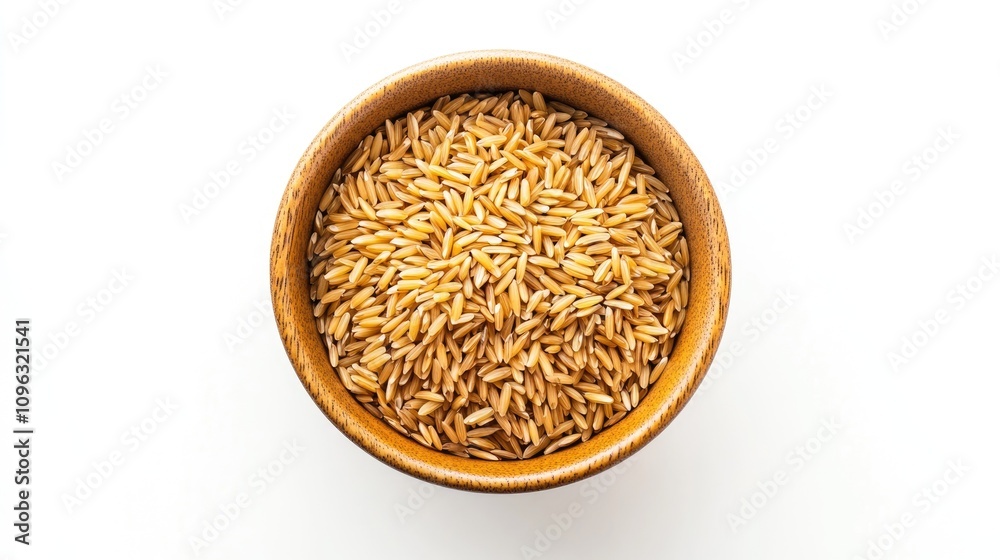 Aerial view of a wooden bowl brimming with uncooked rice grains against a clean white background, showcasing the texture and natural color of the rice. Aerial view of a wooden bowl brimming with uncooked rice grains against a clean white background, showcasing the texture and natural color of the rice.