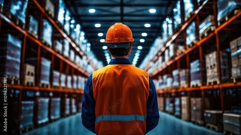 Warehouse worker in safety gear stands with his back to shelves stacked with boxes, illuminated by overhead lights, surveying the organized inventory in a spacious storage facility. Warehouse worker in safety gear stands with his back to shelves stacked with boxes, illuminated by overhead lights, surveying the organized inventory in a spacious storage facility.