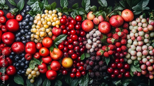 A colorful assortment of fresh fruits, including apples, grapes, cherries, blueberries, strawberries, and blackberries, arranged in rows on a dark background.