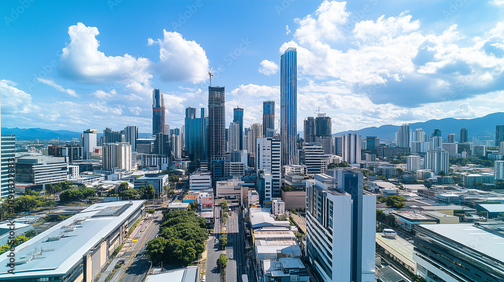 Obraz premium Modern City Skyline with CBD Office Buildings at Sunset - Drone View