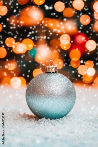 Silver Christmas ornament on snow with bokeh lights.