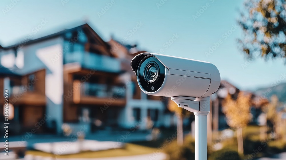 Modern Security Camera in Residential Area with Contemporary Architecture and Clear Blue Sky Enhancing Safety and Surveillance in Neighborhoods Modern Security Camera in Residential Area with Contemporary Architecture and Clear Blue Sky Enhancing Safety and Surveillance in Neighborhoods