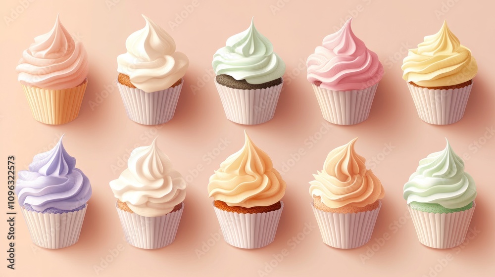 A collection of ten colorful cupcakes with buttercream frosting arranged in two rows on a pink background. A collection of ten colorful cupcakes with buttercream frosting arranged in two rows on a pink background.