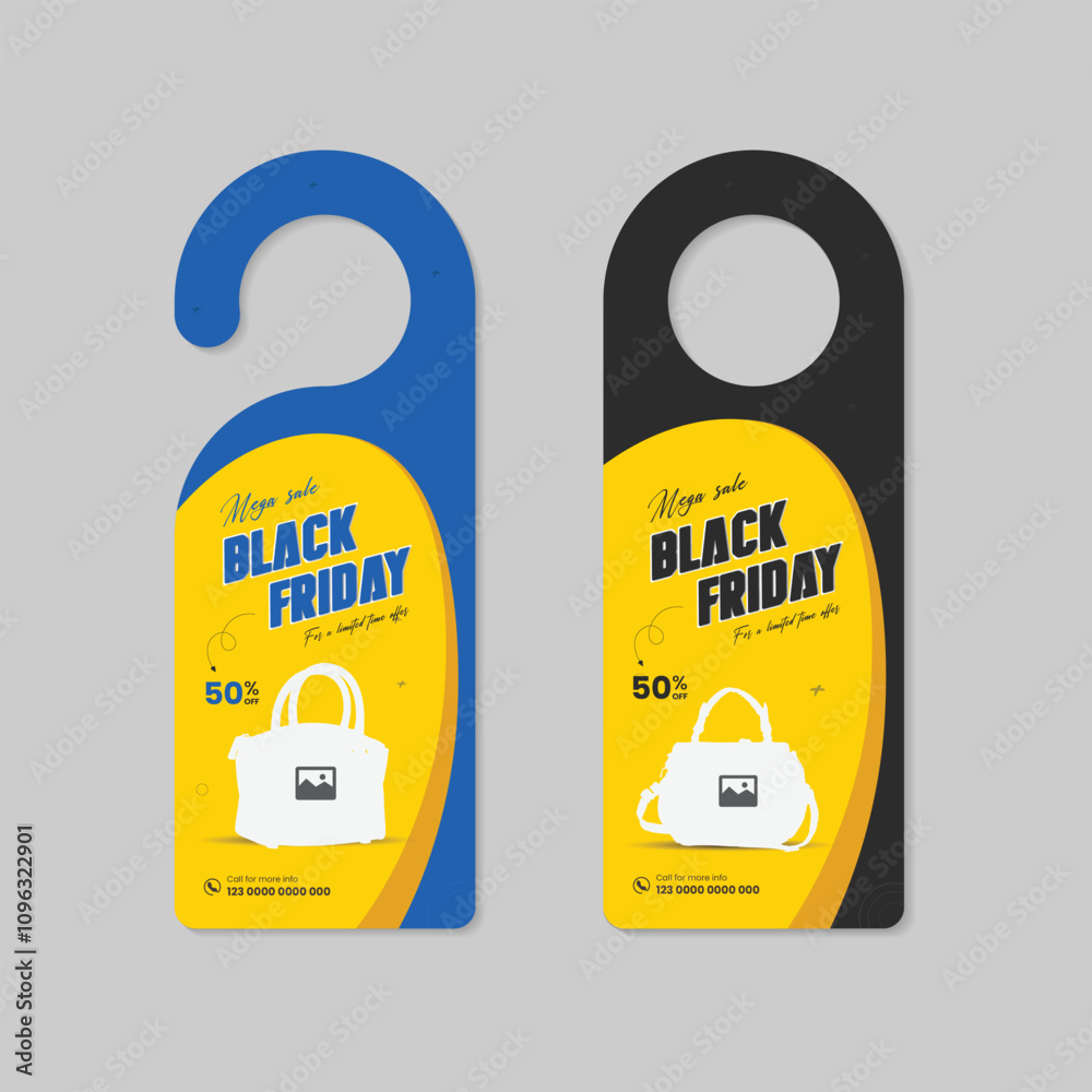 Naklejka premium Black Friday Mega Sale Door Hanger Template or Two Color Fashionable Bag Sale Door Hanger Design