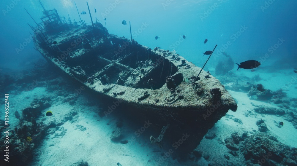 Fototapeta premium Mysterious underwater scene with shipwreck remains and marine life swimming around