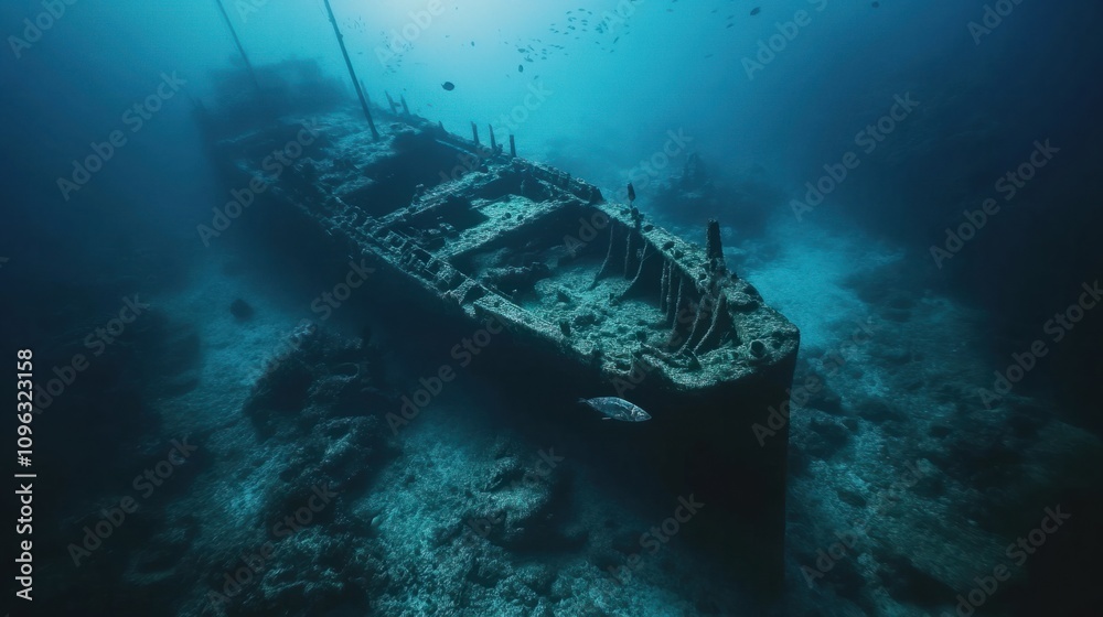 Mysterious underwater scene with shipwreck remains and marine life swimming around Mysterious underwater scene with shipwreck remains and marine life swimming around
