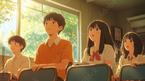 Four students sit in a classroom, gazing up in wonder at something outside the window, bathed in the warm light of the setting sun.