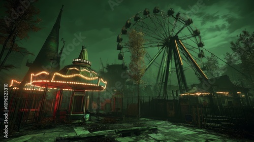 A dilapidated and overgrown amusement park with a Ferris wheel and carousel in the foreground, shrouded in an eerie green fog.