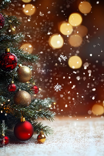 Festive Pine Tree with Red and Gold Ornaments in Winter Background