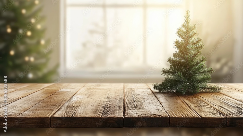 Wooden table featuring a small Christmas tree with a softly blurred festive background of illuminated trees and warm light. Wooden table featuring a small Christmas tree with a softly blurred festive background of illuminated trees and warm light.