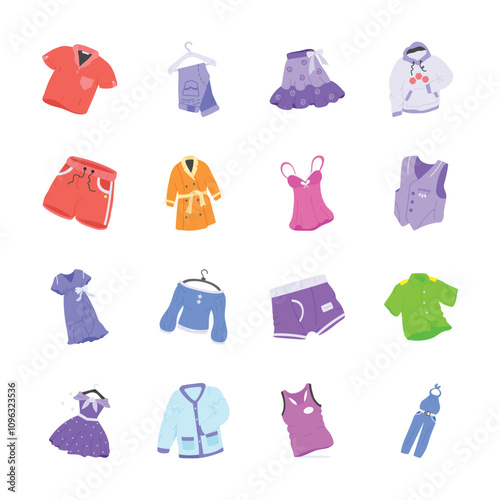 A collection of clothing icons featuring a variety of apparel items such as shirts, dresses, skirts, pants, hoodies, swimwear, and underwear