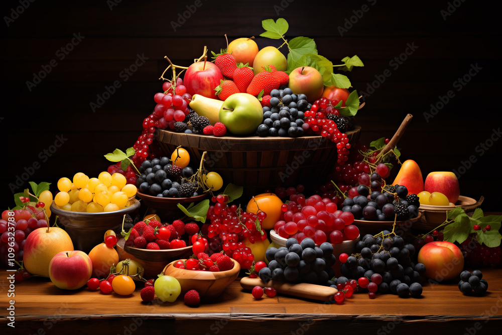 A still life arrangement of various fruits and vegetables on a wooden table. A still life arrangement of various fruits and vegetables on a wooden table.