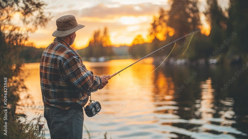 A senior man wearing a plaid shirt and a hat is fishing on a lake during a beautiful sunset. He holds a fishing rod in his right hand. A senior man wearing a plaid shirt and a hat is fishing on a lake during a beautiful sunset. He holds a fishing rod in his right hand.