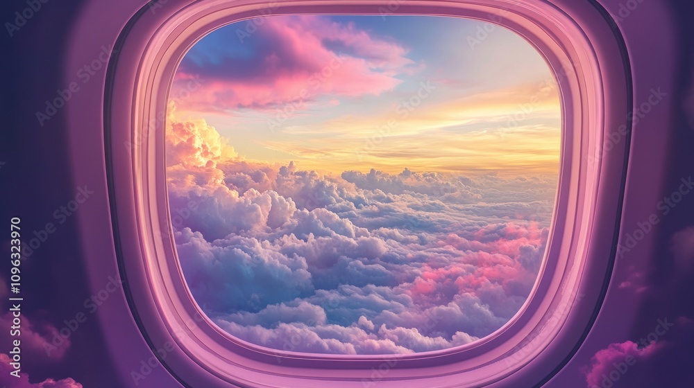 Vibrant sunset view of colorful clouds from an airplane window, with soft pastel hues illuminating the sky, creating a serene travel experience. Vibrant sunset view of colorful clouds from an airplane window, with soft pastel hues illuminating the sky, creating a serene travel experience.