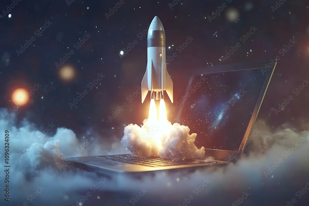 Obraz premium An image from a laptop showing a rocket taking flight.