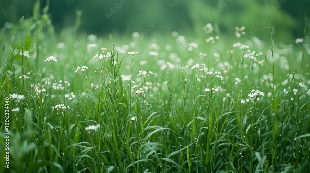 A field of white wildflowers growing in a lush green meadow. A field of white wildflowers growing in a lush green meadow.