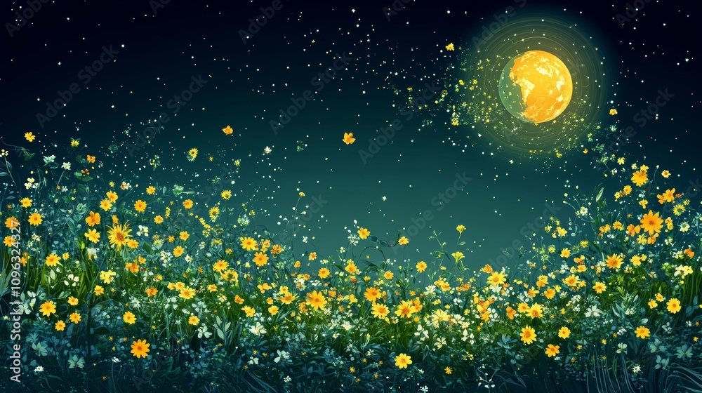 A field of yellow flowers illuminated by the moonlight with a starry night sky. A field of yellow flowers illuminated by the moonlight with a starry night sky.
