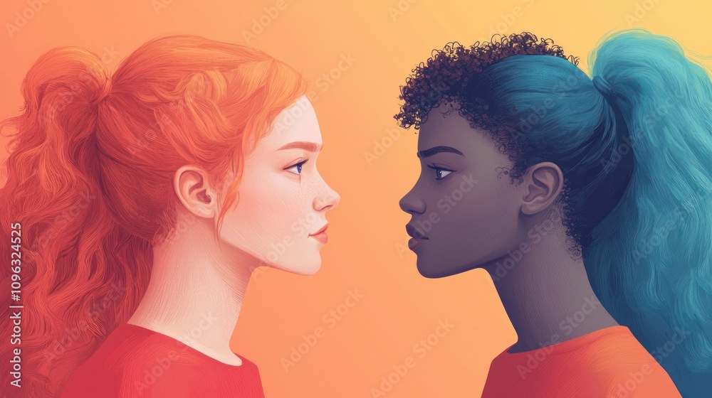 Two women with different hair colors and skin tones face each other, looking at each other with a serious expression. Two women with different hair colors and skin tones face each other, looking at each other with a serious expression.