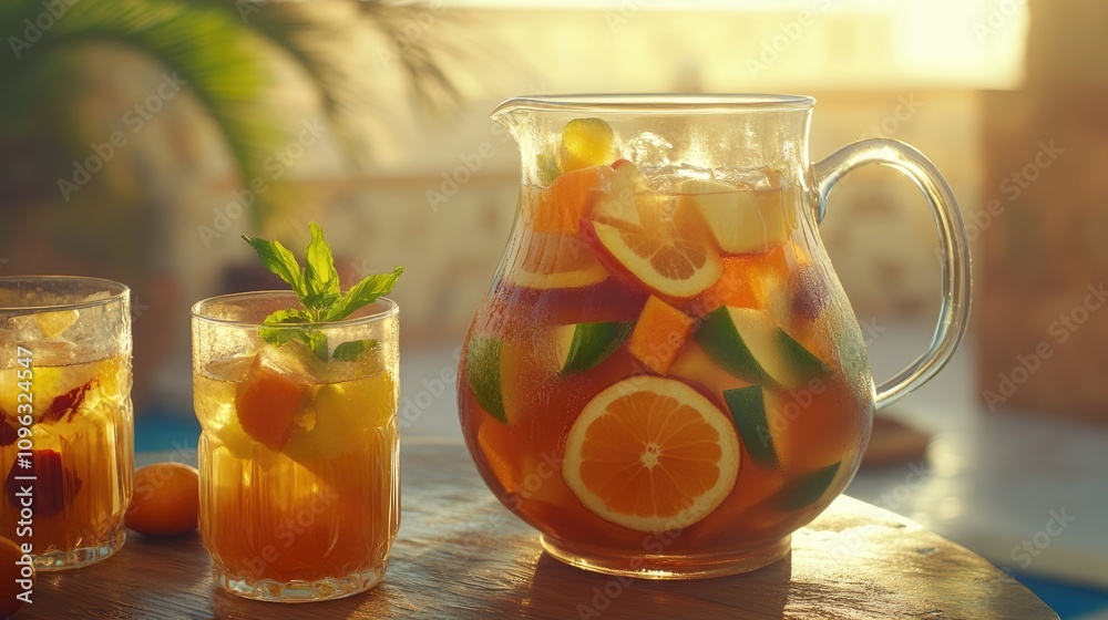 Colorful fruit sangria in a glass jug with vibrant citrus slices, served with two chilled glasses garnished with mint leaves. Sunlit refreshing drink display. Colorful fruit sangria in a glass jug with vibrant citrus slices, served with two chilled glasses garnished with mint leaves. Sunlit refreshing drink display.