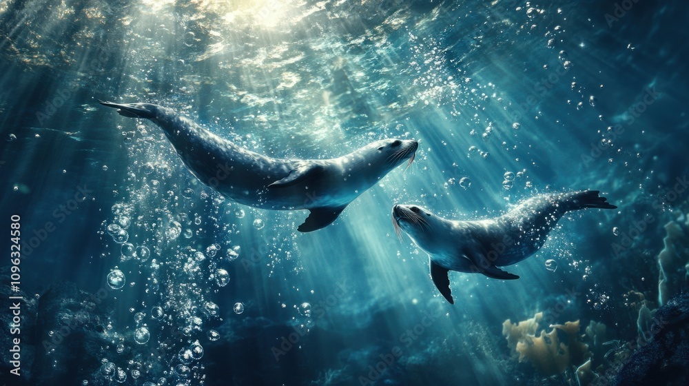Playful sea lions swimming gracefully under the sea, surrounded by bubbles and sunlight Playful sea lions swimming gracefully under the sea, surrounded by bubbles and sunlight