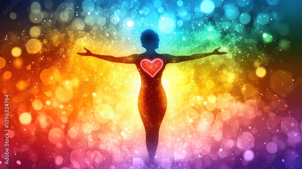 Fototapeta premium A silhouette of a woman with outstretched arms, a red heart in her chest, standing in front of a glowing rainbow background.