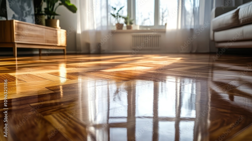 Polished wooden parquet floor with a glossy finish, viewed from a low angle, showcasing natural lighting and home decor elements in a cozy interior setting. Polished wooden parquet floor with a glossy finish, viewed from a low angle, showcasing natural lighting and home decor elements in a cozy interior setting.
