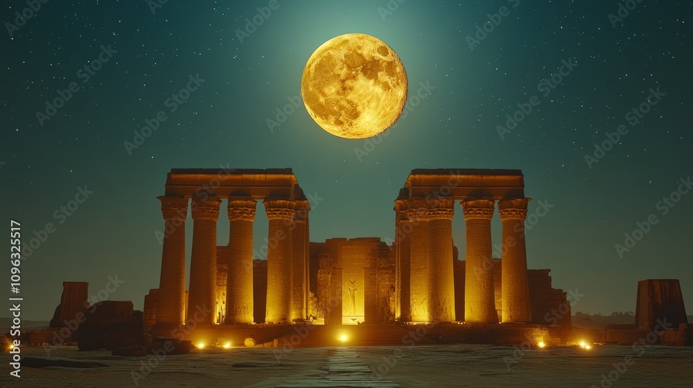 Fototapeta premium A full moon shines brightly over an ancient temple in the desert at night.