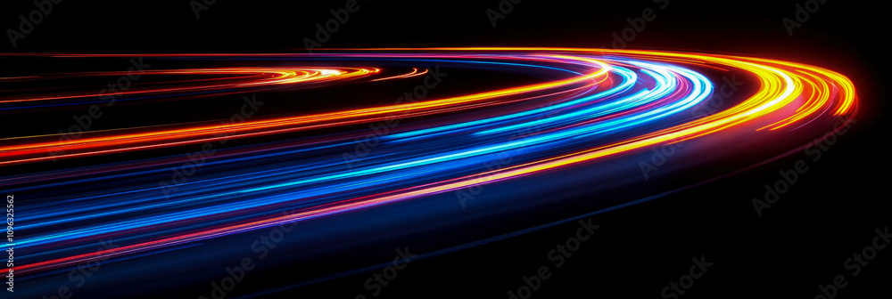 Bright streaks of blue and orange lights intertwine in a dark space, creating a dynamic and colorful abstract display of movement after dark Bright streaks of blue and orange lights intertwine in a dark space, creating a dynamic and colorful abstract display of movement after dark