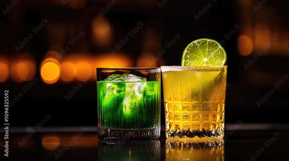 Vibrant cocktails in crystal glasses featuring a green drink and a caipirinha garnished with a lime slice, with a blurred bar backdrop. Vibrant cocktails in crystal glasses featuring a green drink and a caipirinha garnished with a lime slice, with a blurred bar backdrop.