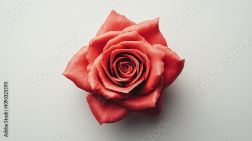 Overhead perspective of a vibrant rose-shaped succulent set against a clean white backdrop, showcasing intricate petal details and rich colors.