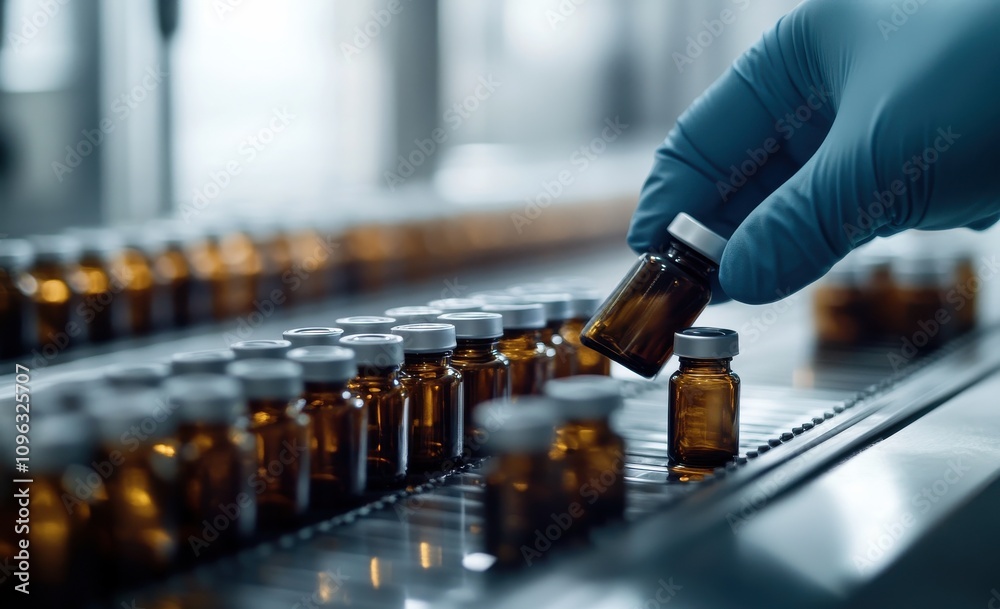 Gloved hand of an employee working on the production line at a medical vial factory. Gloved hand of an employee working on the production line at a medical vial factory.