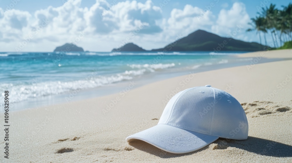 White baseball cap resting on sandy beach, showcasing gentle ocean waves and distant islands under a bright sky with fluffy clouds in the background. White baseball cap resting on sandy beach, showcasing gentle ocean waves and distant islands under a bright sky with fluffy clouds in the background.