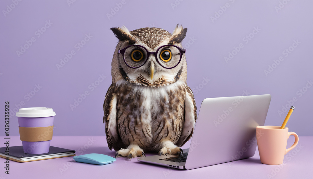 custom made wallpaper toronto digitalAn owl sitting on a pastel-purple desk, wearing rectangular glasses, and typing on a miniature laptop.