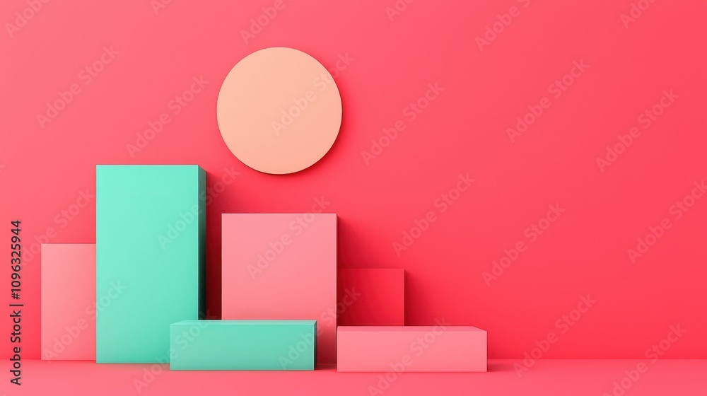 Abstract Geometric Composition Featuring Colorful Shapes and a Circular Element on a Vibrant Pink Background for Modern Artistic Visuals Abstract Geometric Composition Featuring Colorful Shapes and a Circular Element on a Vibrant Pink Background for Modern Artistic Visuals