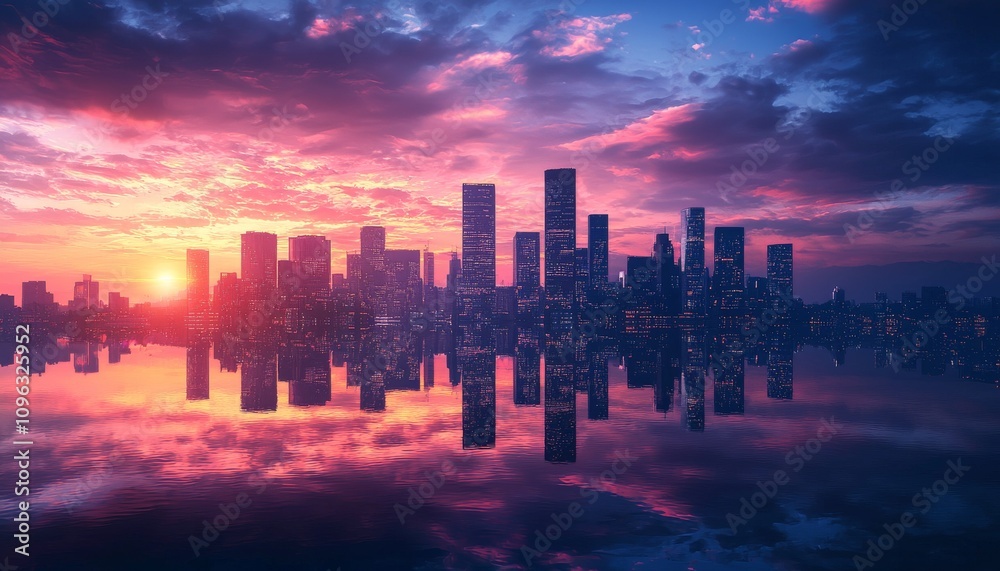 Fototapeta premium A stunning sunset casts vibrant colors over a city skyline, reflecting beautifully on the water's surface.