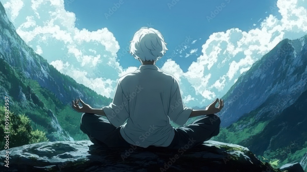 Fototapeta premium A young man meditates in a serene mountain setting, with lush greenery and fluffy clouds in the sky, symbolizing peace and tranquility.