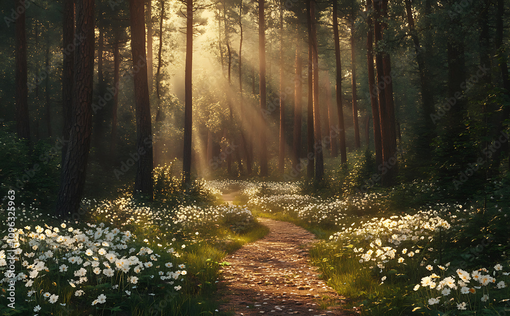Fototapeta premium Beautiful forest landscape with a path and white flowers in springtime
