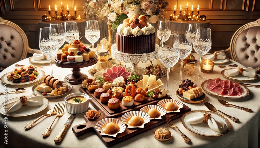 A glamorous fine-dining table filled with luxurious dishes such as foie gras, scallops in beurre blanc sauce, a charcuterie board with artisanal chees A glamorous fine-dining table filled with luxurious dishes such as foie gras, scallops in beurre blanc sauce, a charcuterie board with artisanal chees