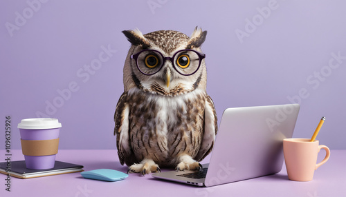 Wallpaper Mural An owl sitting on a pastel-purple desk, wearing rectangular glasses, and typing on a miniature laptop. Torontodigital.ca