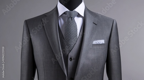 Stylish gray suit on a mannequin, featuring a sleek design with a vest and tie, exemplifying modern sophistication in an elegant boutique display.